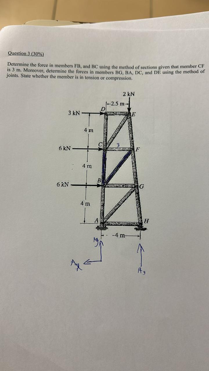 Question 3 ( 3 0 \ % ) Determine the force in