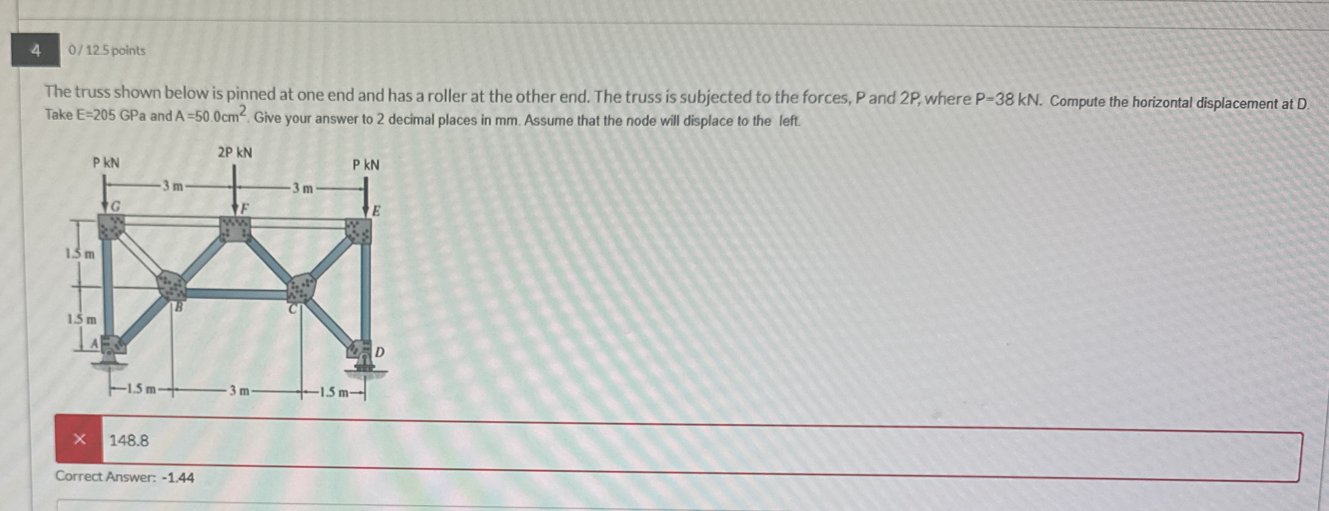 0 1 2 . 5 points The truss shown below is pinned