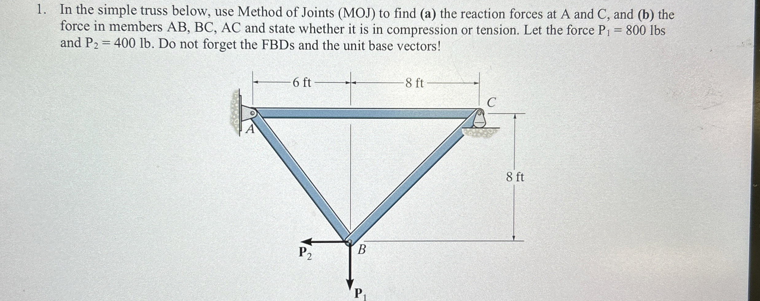 In the simple truss below, use Method of Joints (