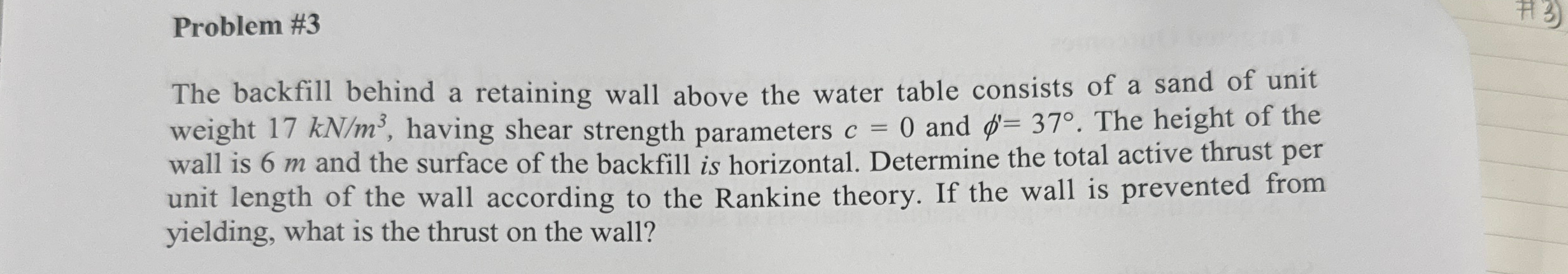 Problem # 3 The backfill behind a retaining wall