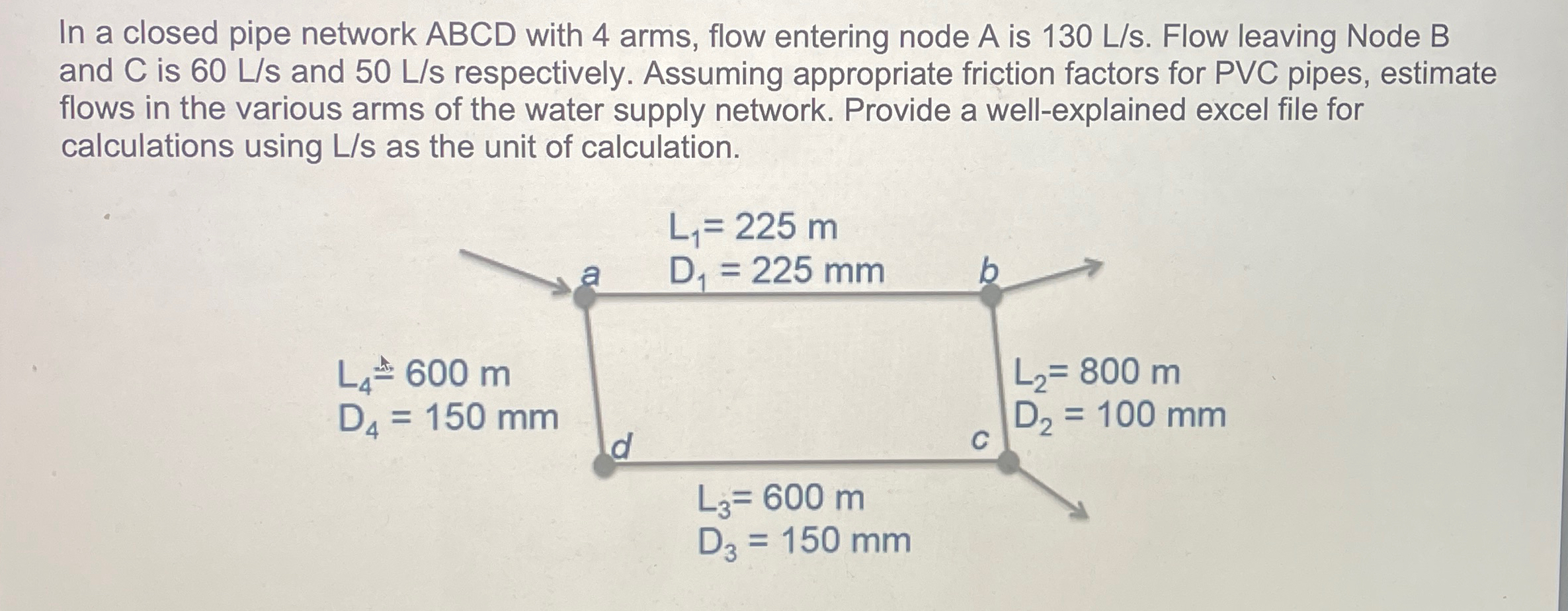 In a closed pipe network ABCD with 4 arms, flow