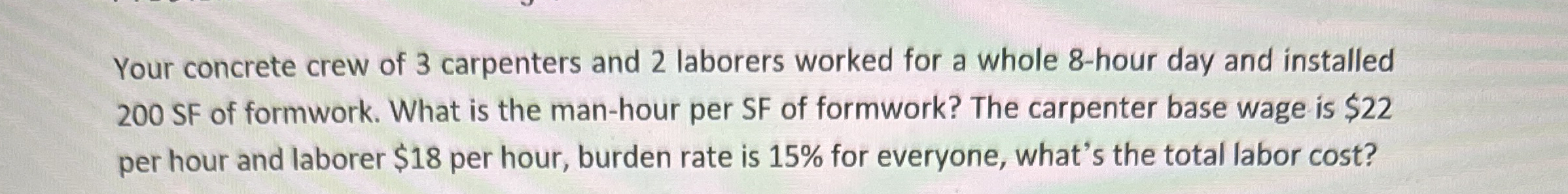 Your concrete crew of 3 carpenters and 2 laborers