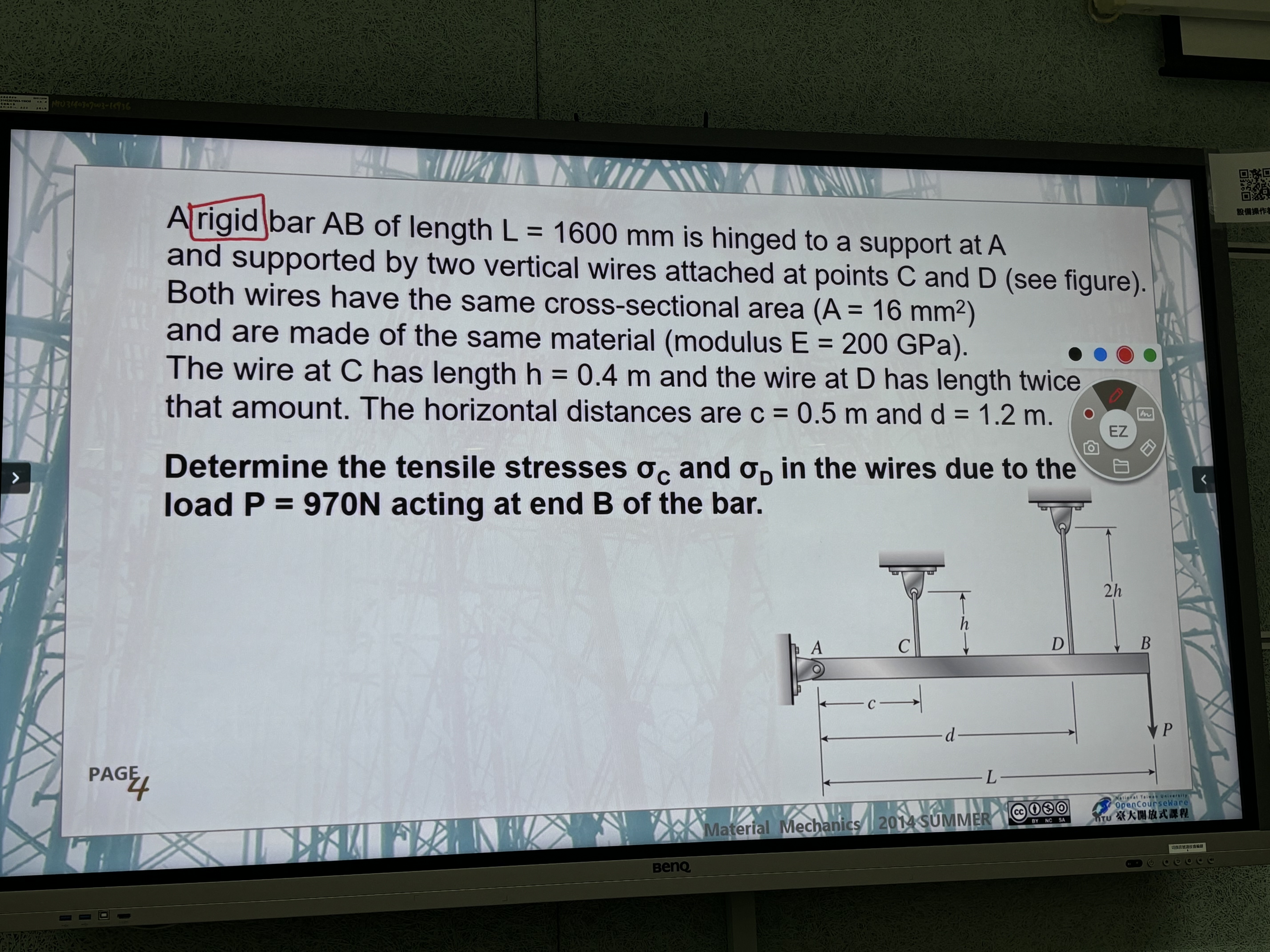 A rigid bar A B of length L = 1 6 0 0 m m is