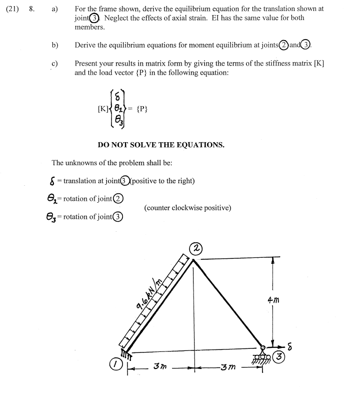 ( 2 1 ) 8 . a ) For the frame shown, derive the