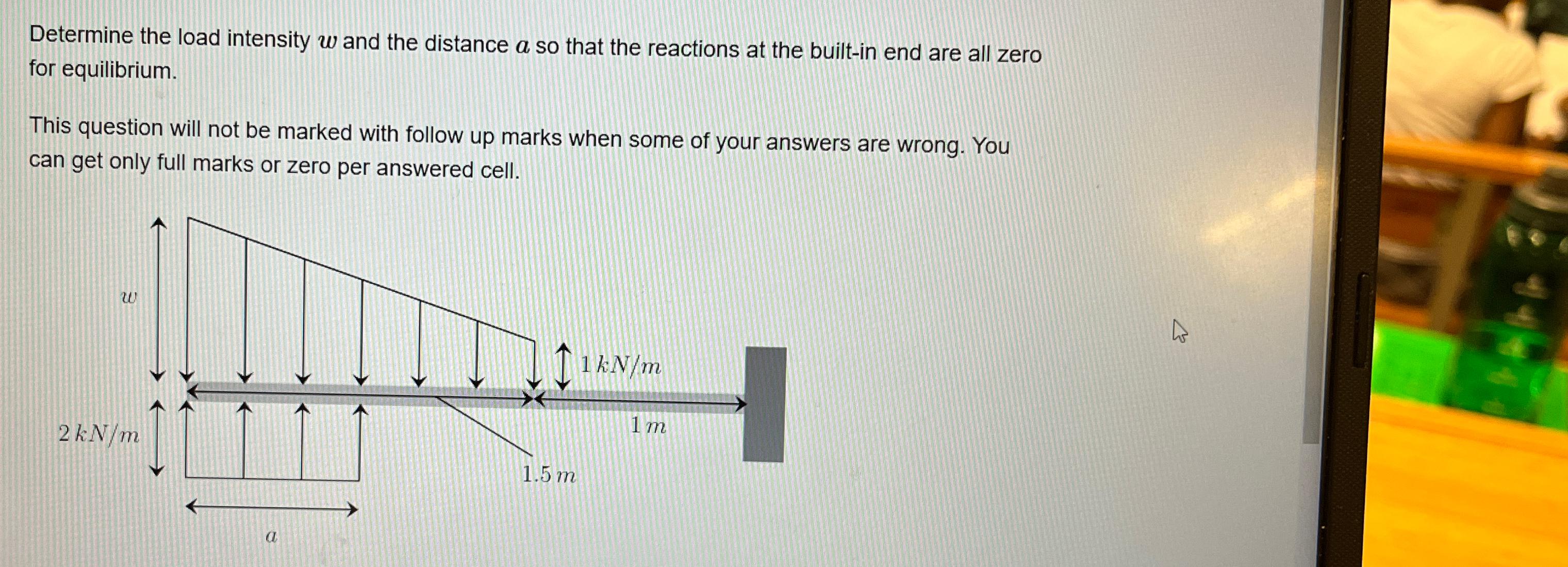 Determine the load intensity w and the distance a