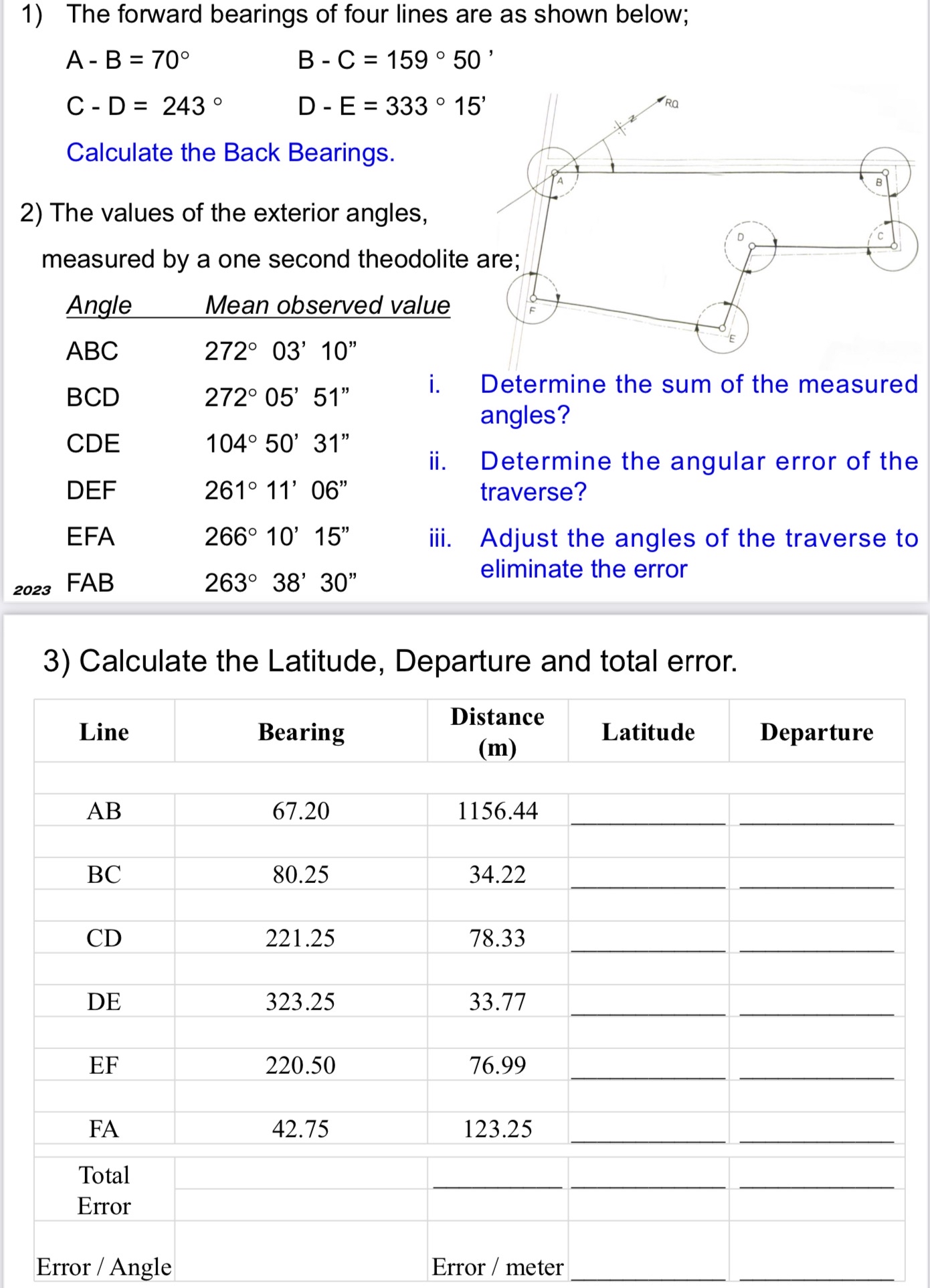 The forward bearings of four lines are as shown