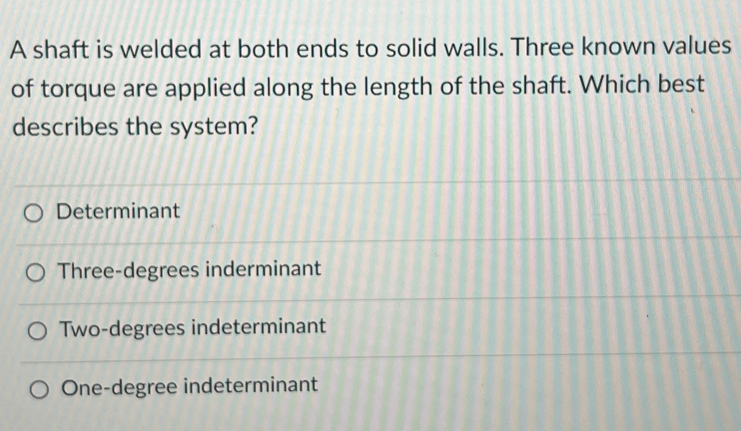 A shaft is welded at both ends to solid walls.