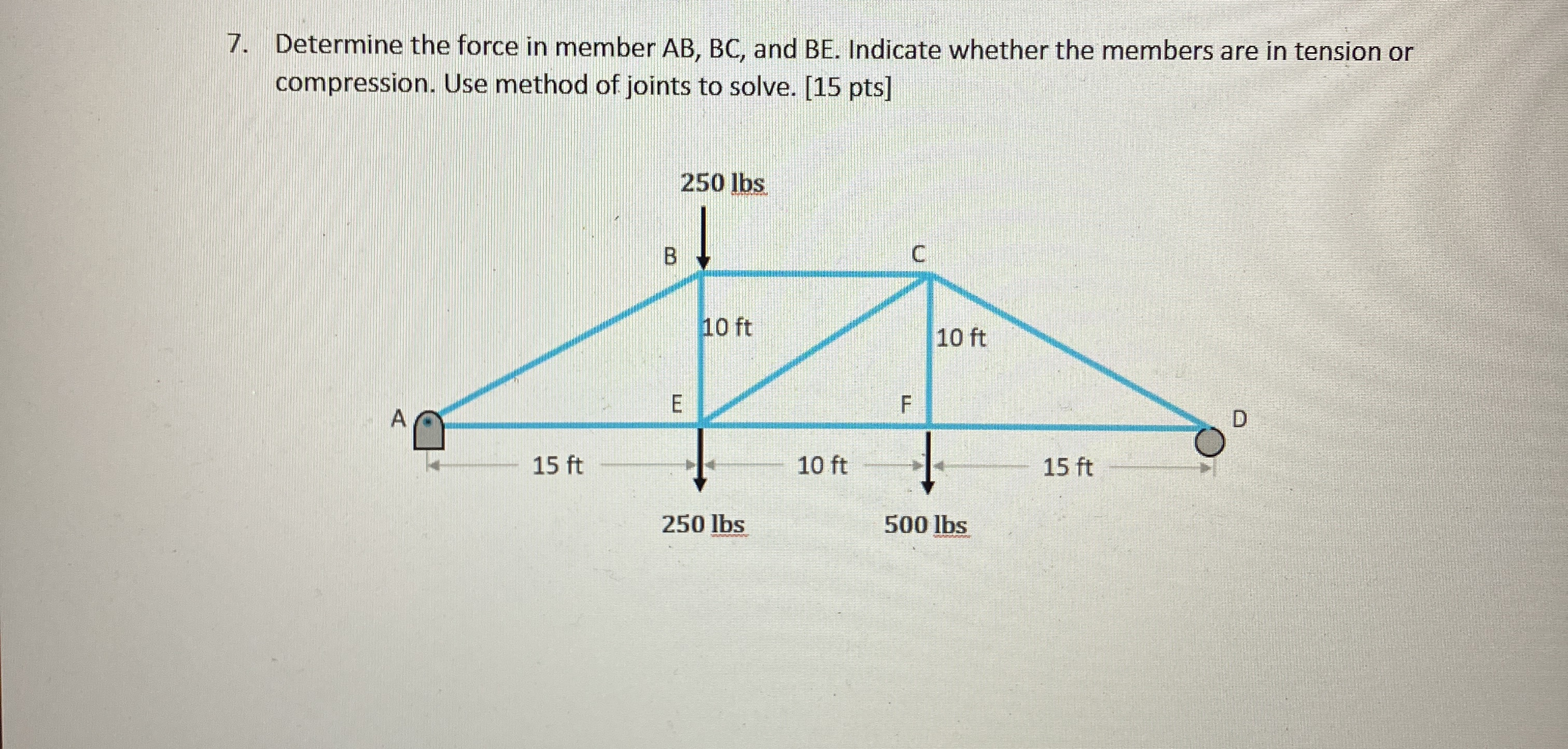 Determine the force in member A B , B C , and B E