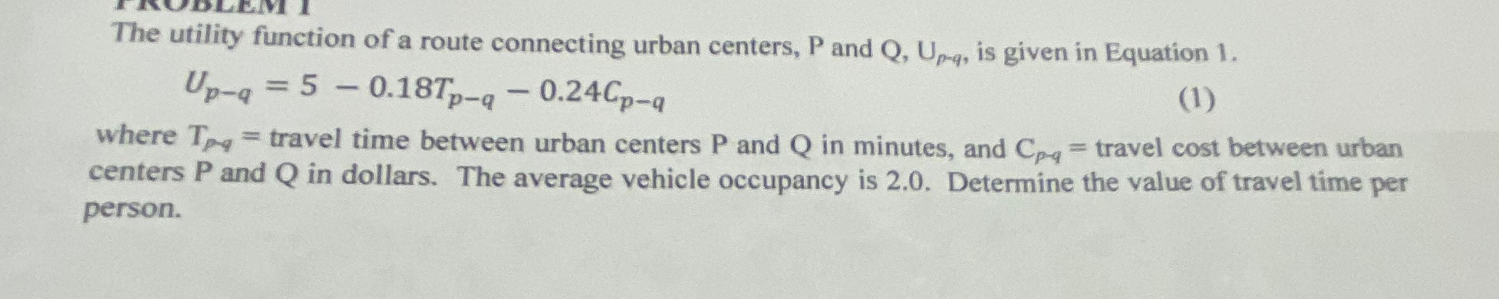 The utility function of a route connecting urban