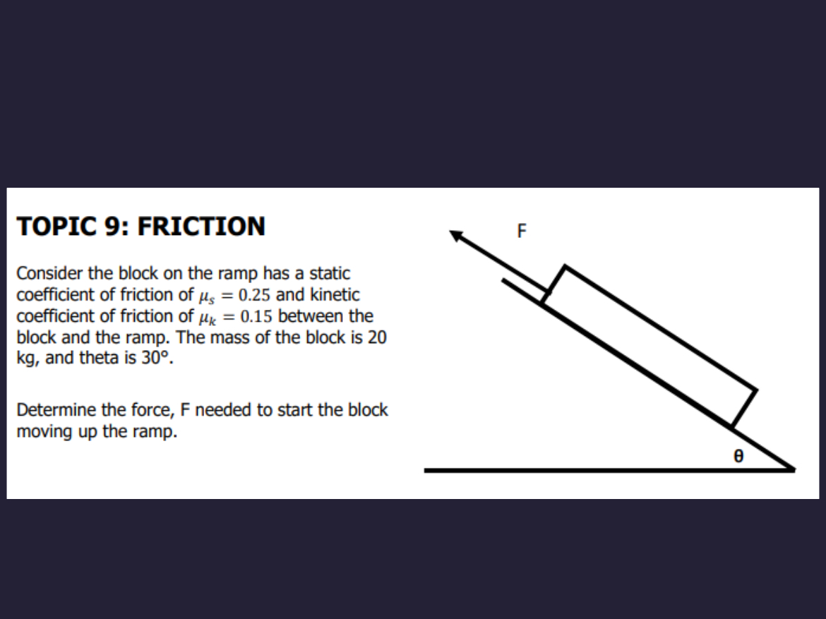 TOPIC 9 : FRICTION Consider the block on the ramp