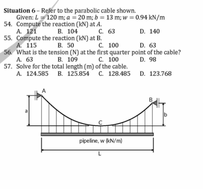 Situation 6 - Refer to the parabolic cable shown.