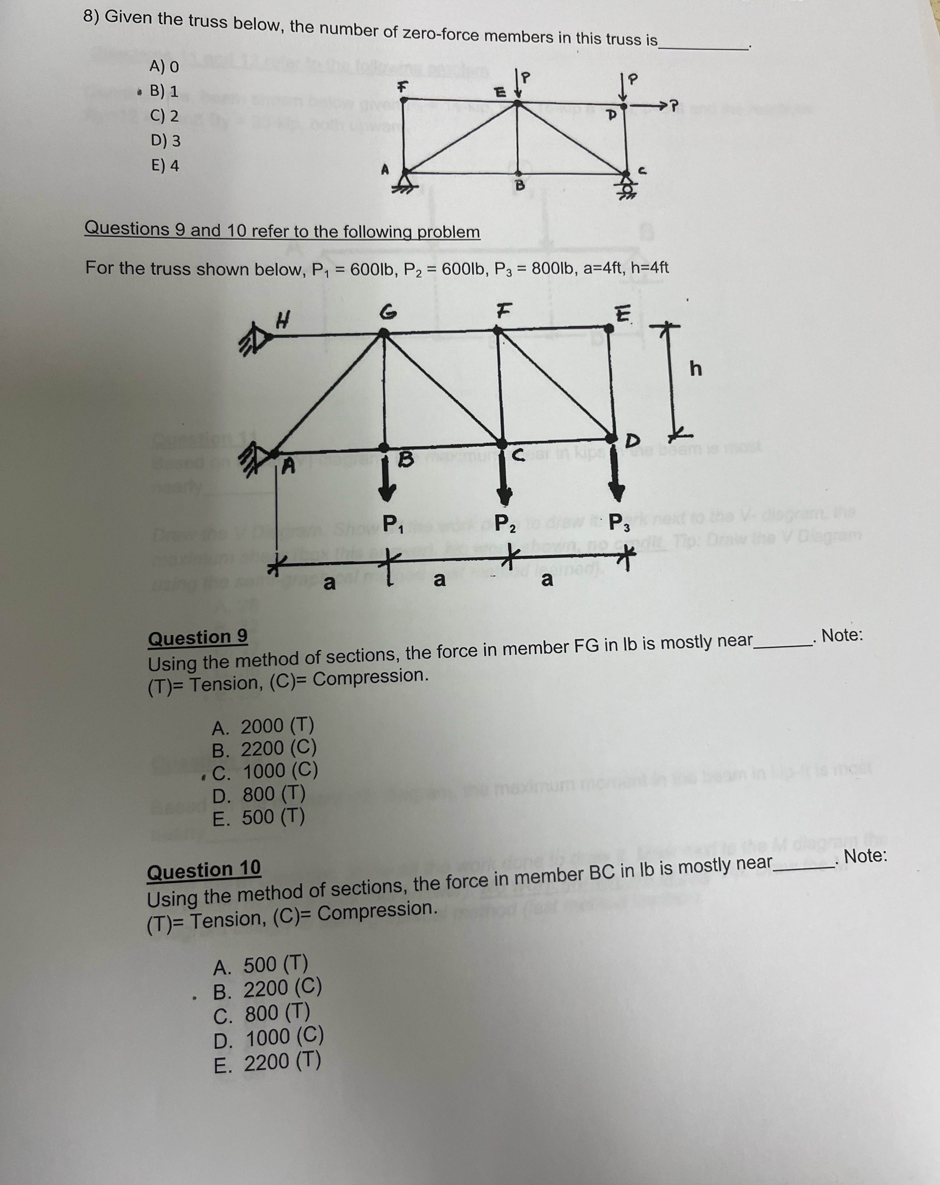 Given the truss below, the number of zero - force
