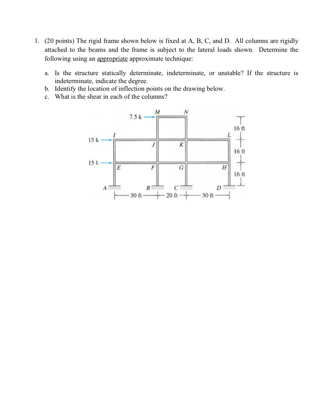 ( 2 0 points ) The rigid frame shown below is