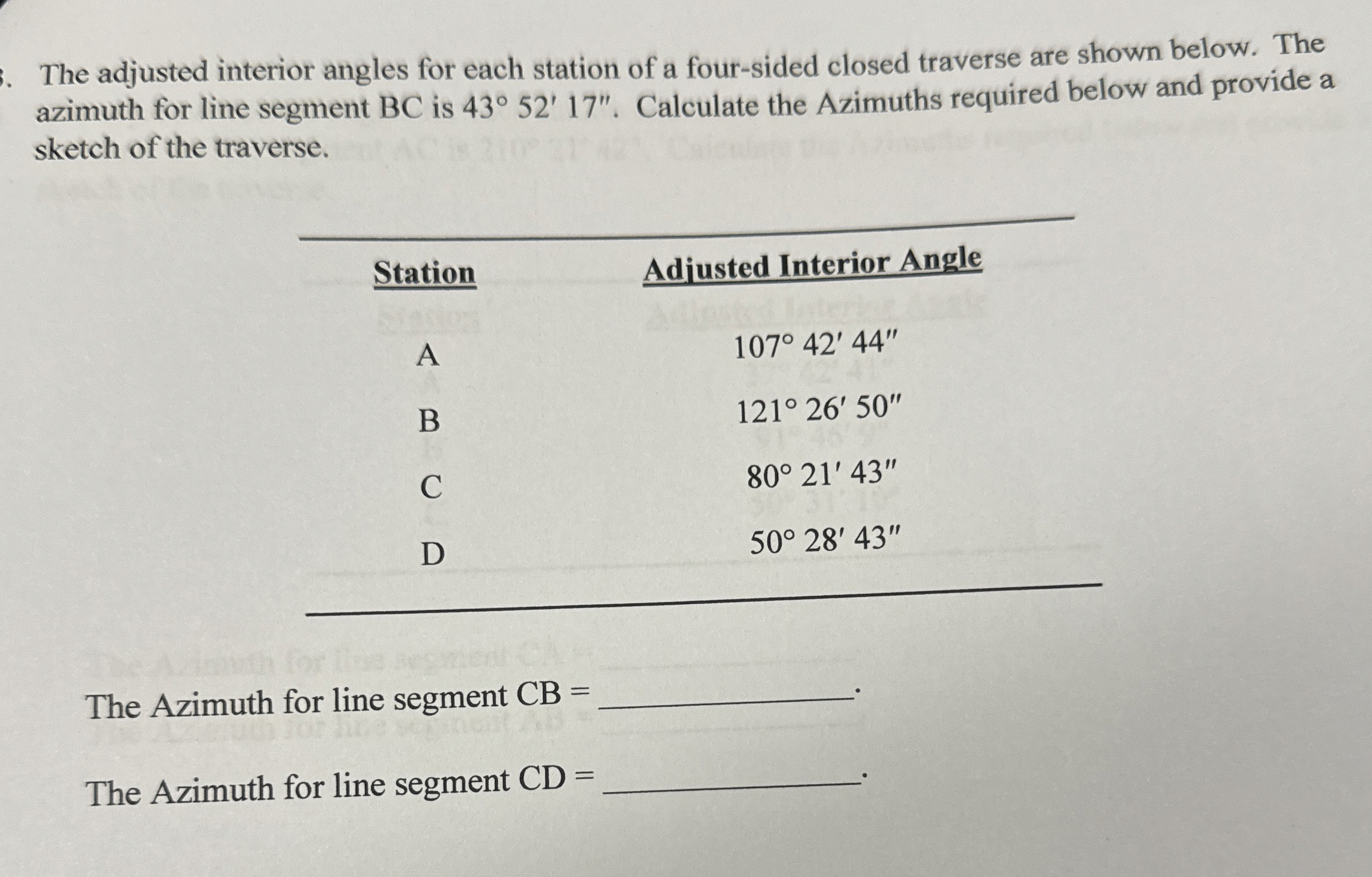 The adjusted interior angles for each station of