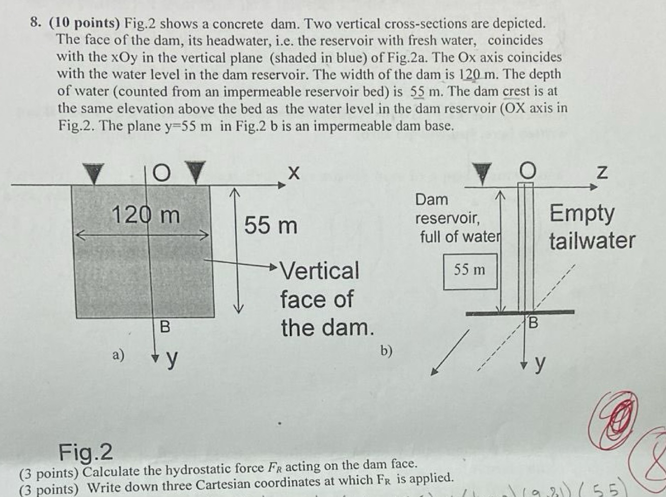 ( 1 0 points ) Fig. 2 shows a concrete dam. Two