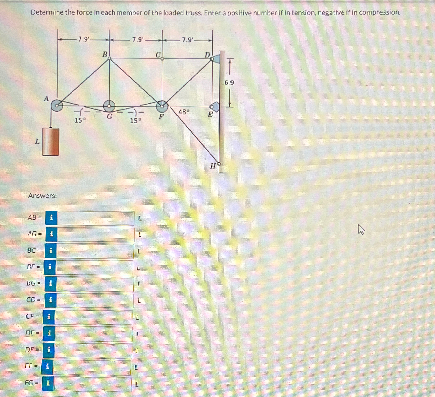 Determine the force in each member of the loaded