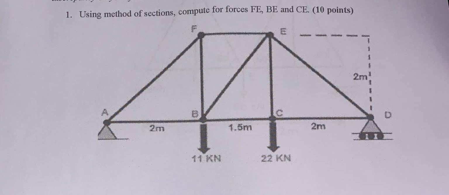 1 . Using method of sections, compute for forces