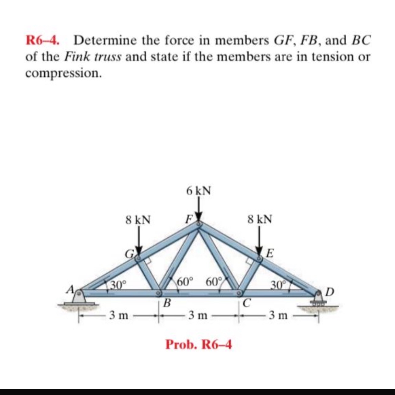 R 6 - 4 . Determine the force in members G F , F