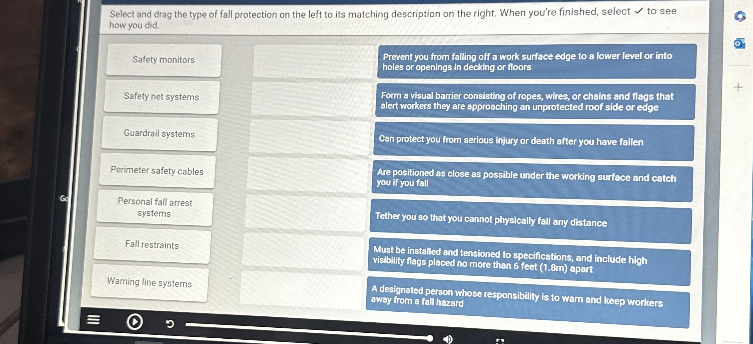 Select and drag the type of fall protection on