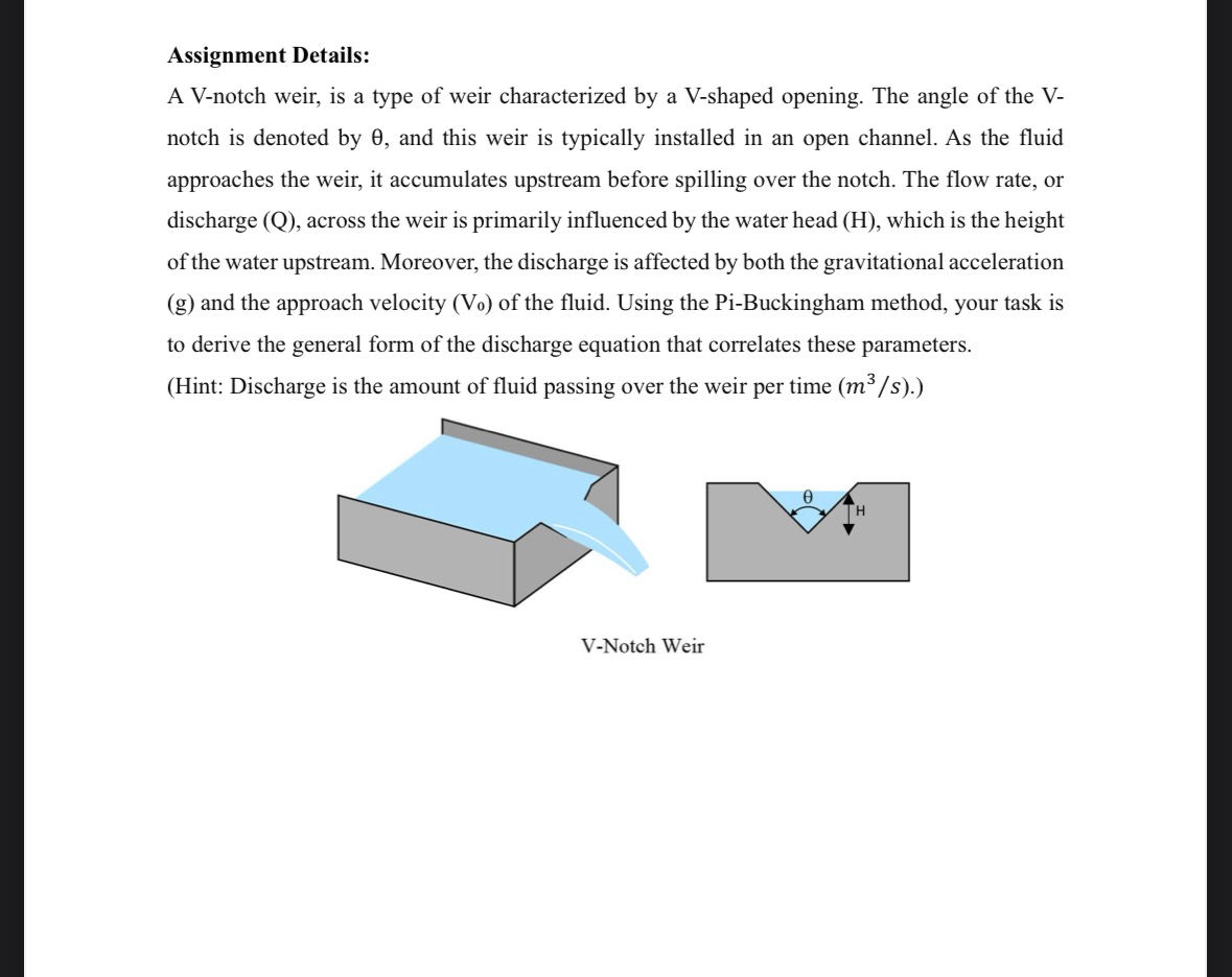 Assignment Details: A V - notch weir, is a type