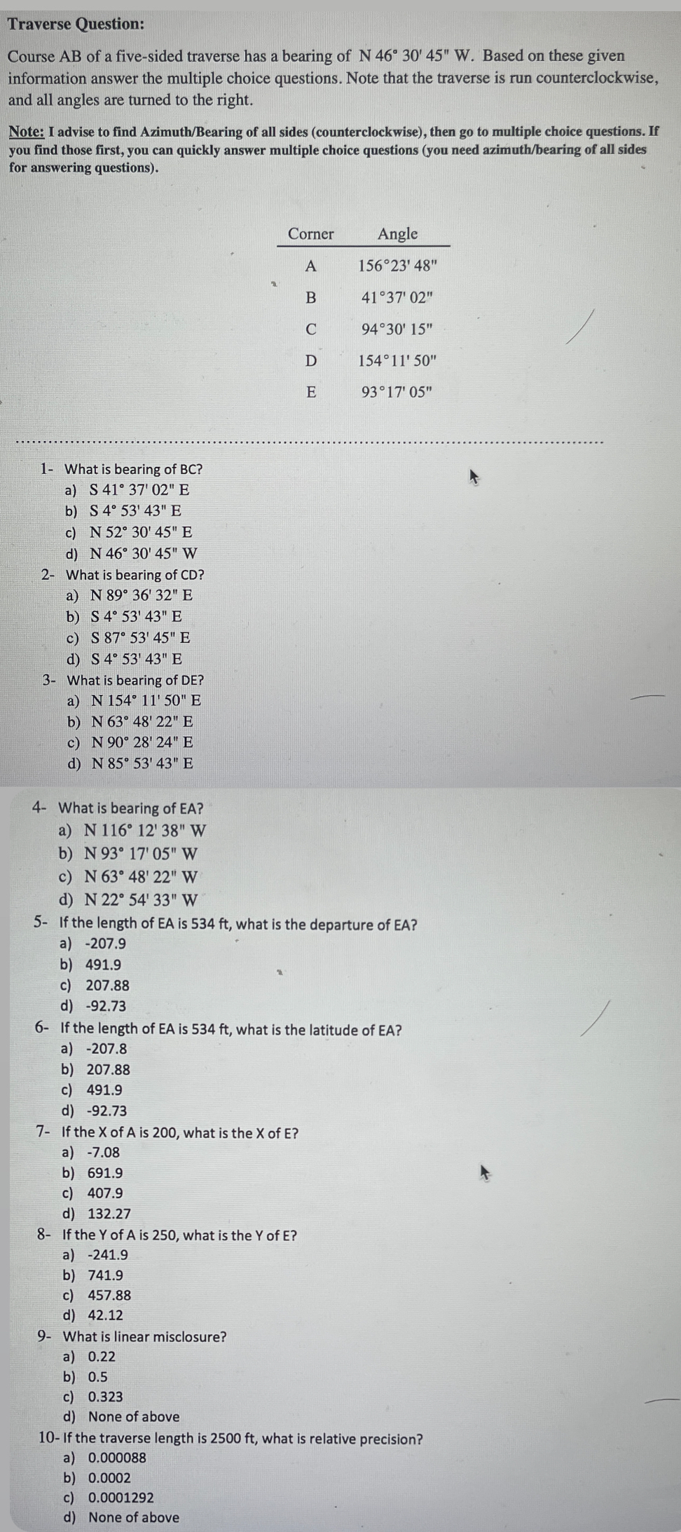 Traverse Question: Course A B of a five - sided