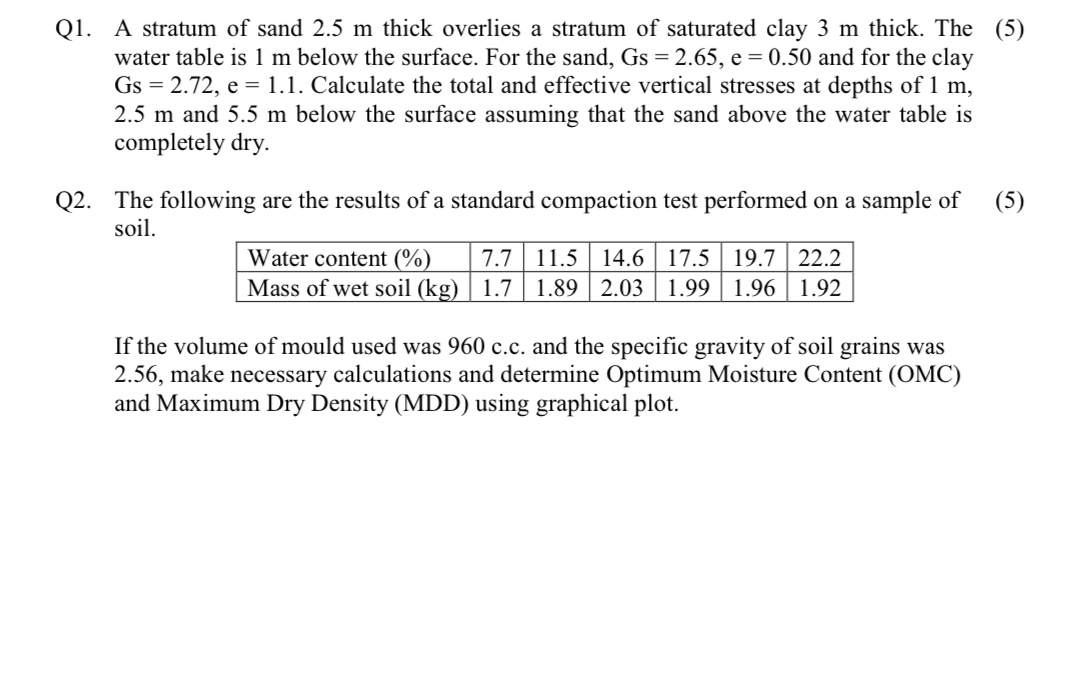 Q 1 . A stratum of sand 2 . 5 m thick overlies a