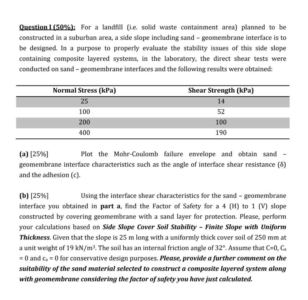 Question ( 5 0 % ) : For a landfill ( i . e .