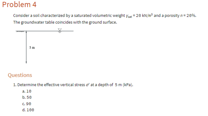 Problem 4 Consider a soil characterized by a