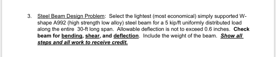Steel Beam Design Problem: Select the lightest (