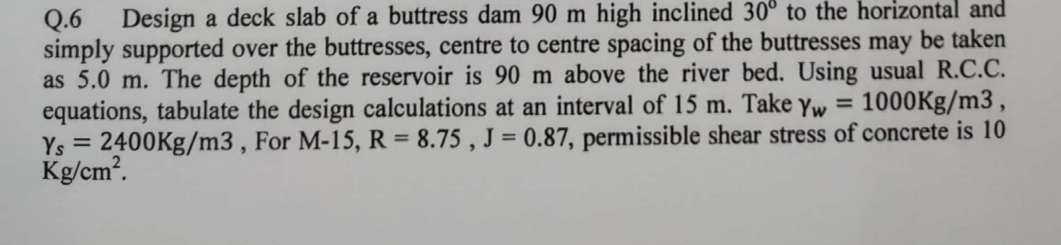 Q . 6 Design a deck slab of a buttress dam 9 0 m