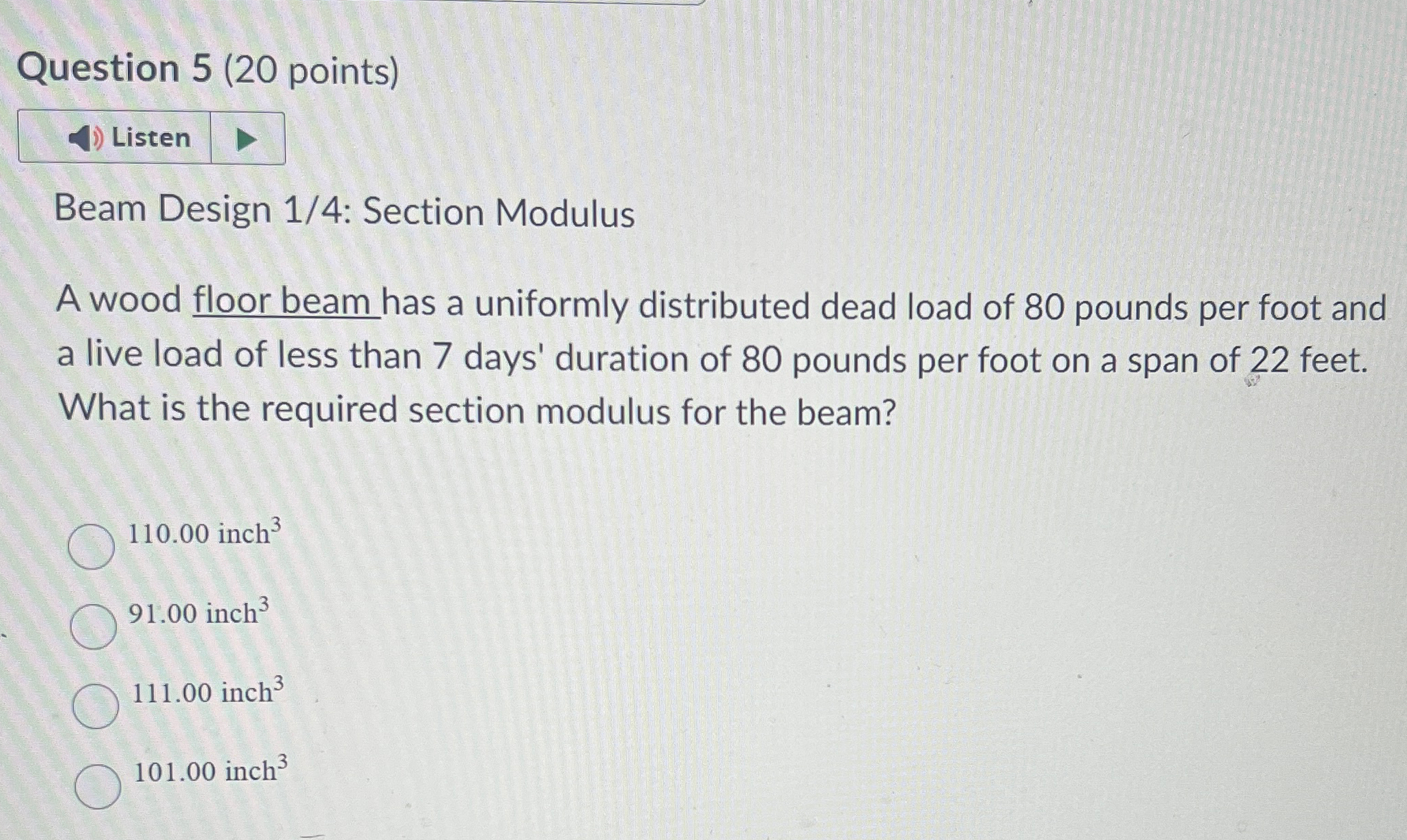 Question 5 ( 2 0 points ) Listen Beam Design 1 /