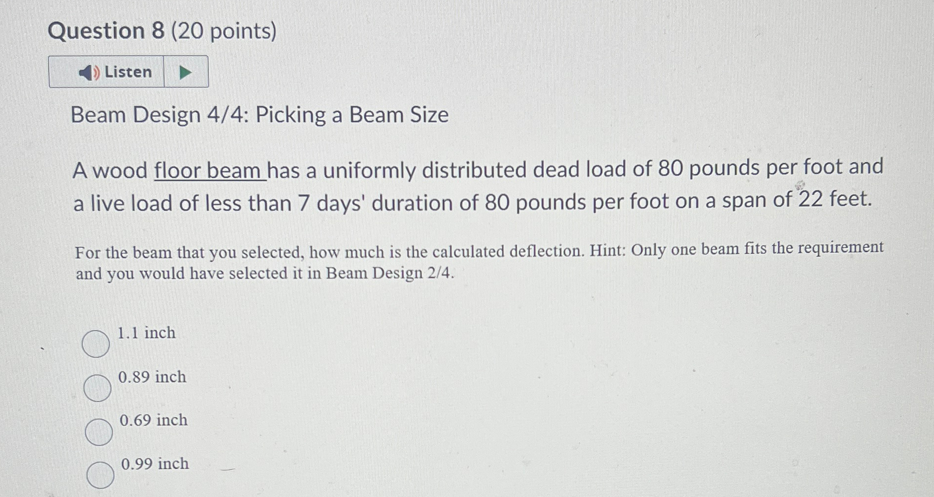 Question 8 ( 2 0 points ) Beam Design 4 / 4 :
