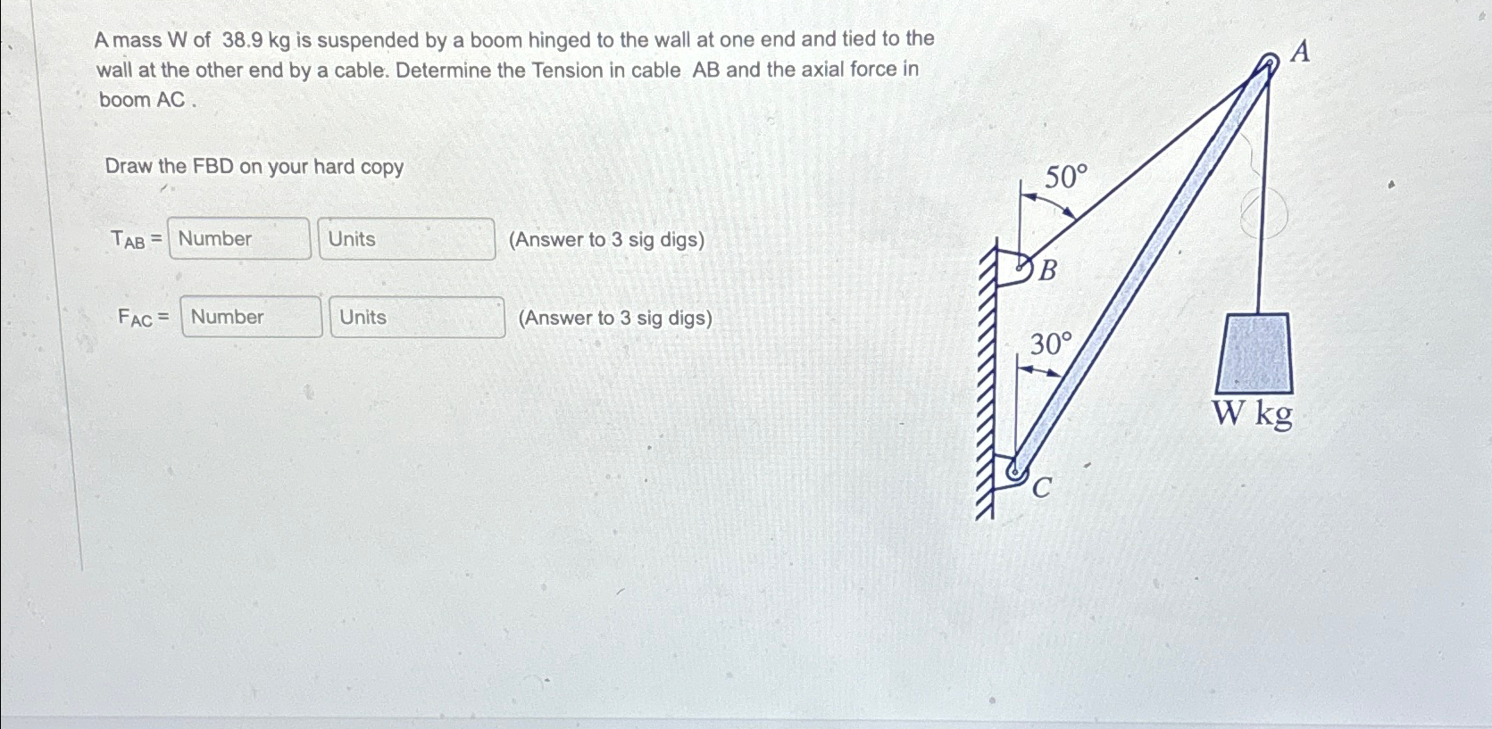 A mass W of 3 8 . 9 k g is suspended by a boom
