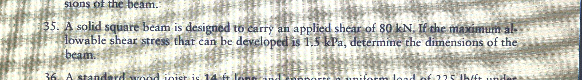 A solid square beam is designed to carry an