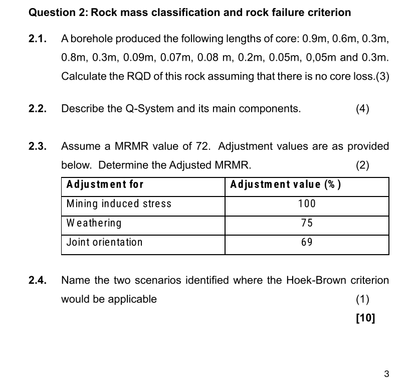 Question 2 : Rock mass classification and rock