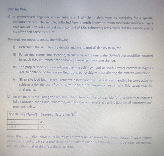 Exercise One: a ) A geotechnical engineer is