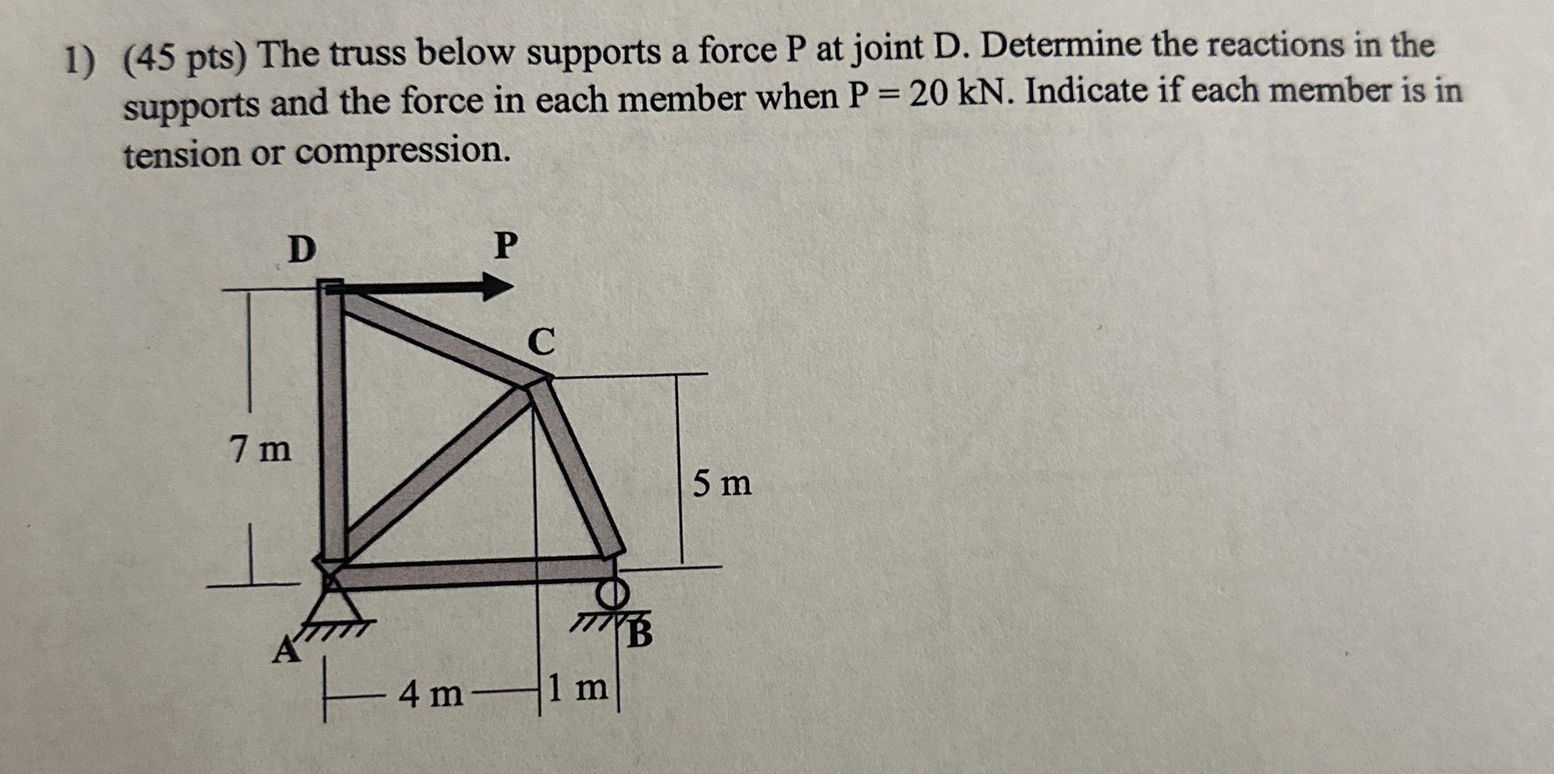 ( 4 5 pts ) The truss below supports a force P at