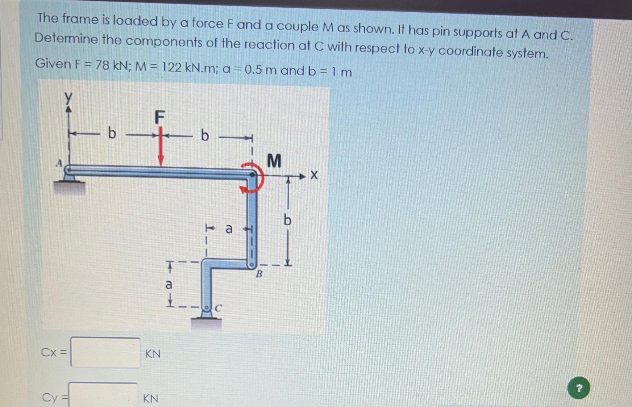 The frame is loaded by a force F and a couple M