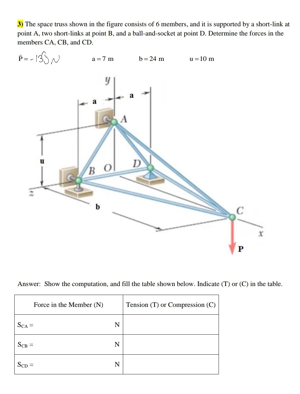 The space truss shown in the figure consists of 6