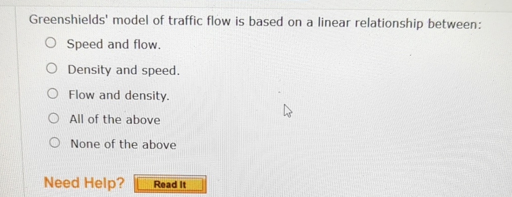 Greenshields' model of traffic flow is based on a