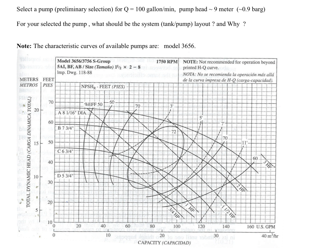 Select a pump ( preliminary selection ) for Q = 1