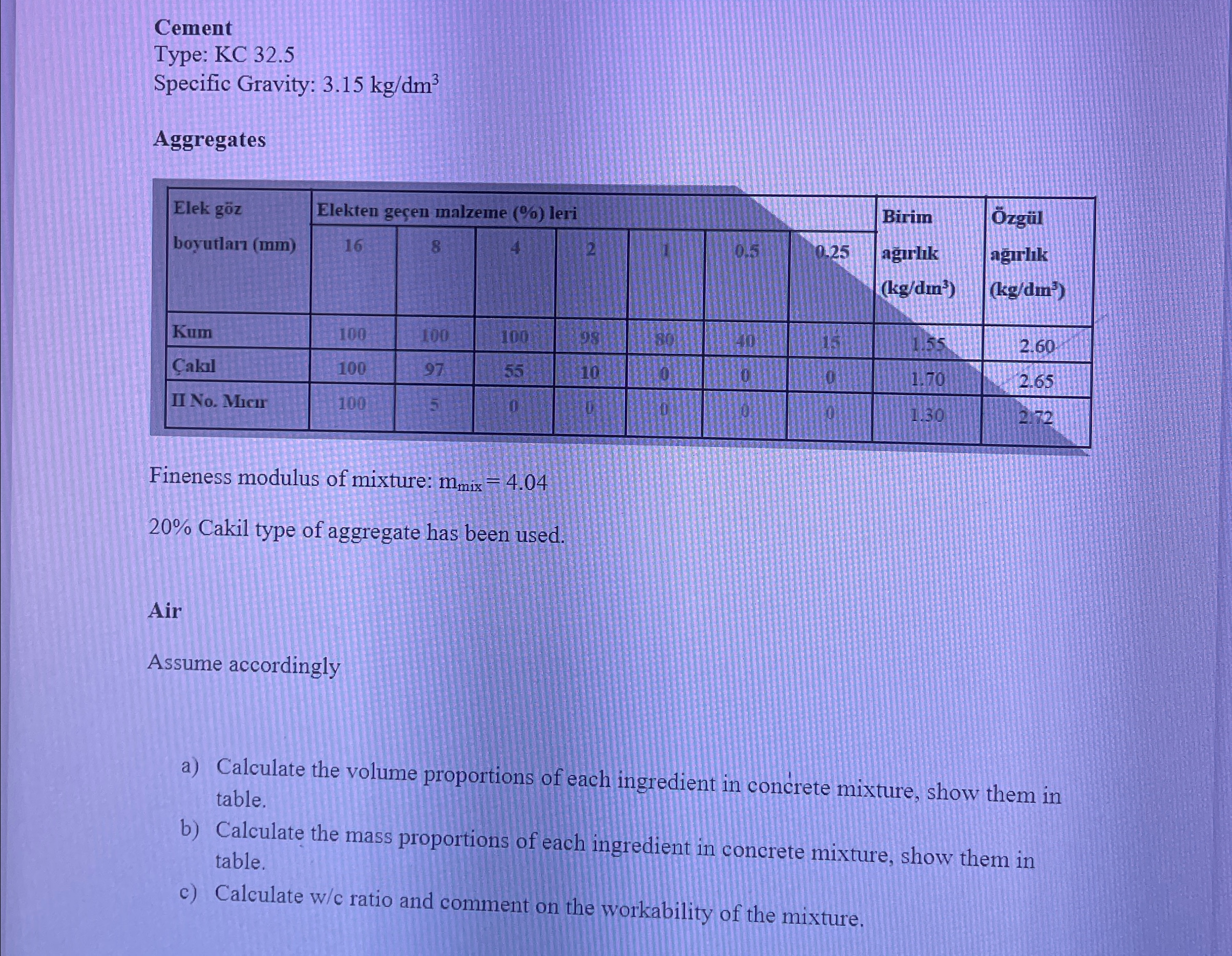 Cement Type: KC 3 2 . 5 Specific Gravity: 3 . 1 5
