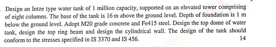 Design an Intze type water tank of 1 million