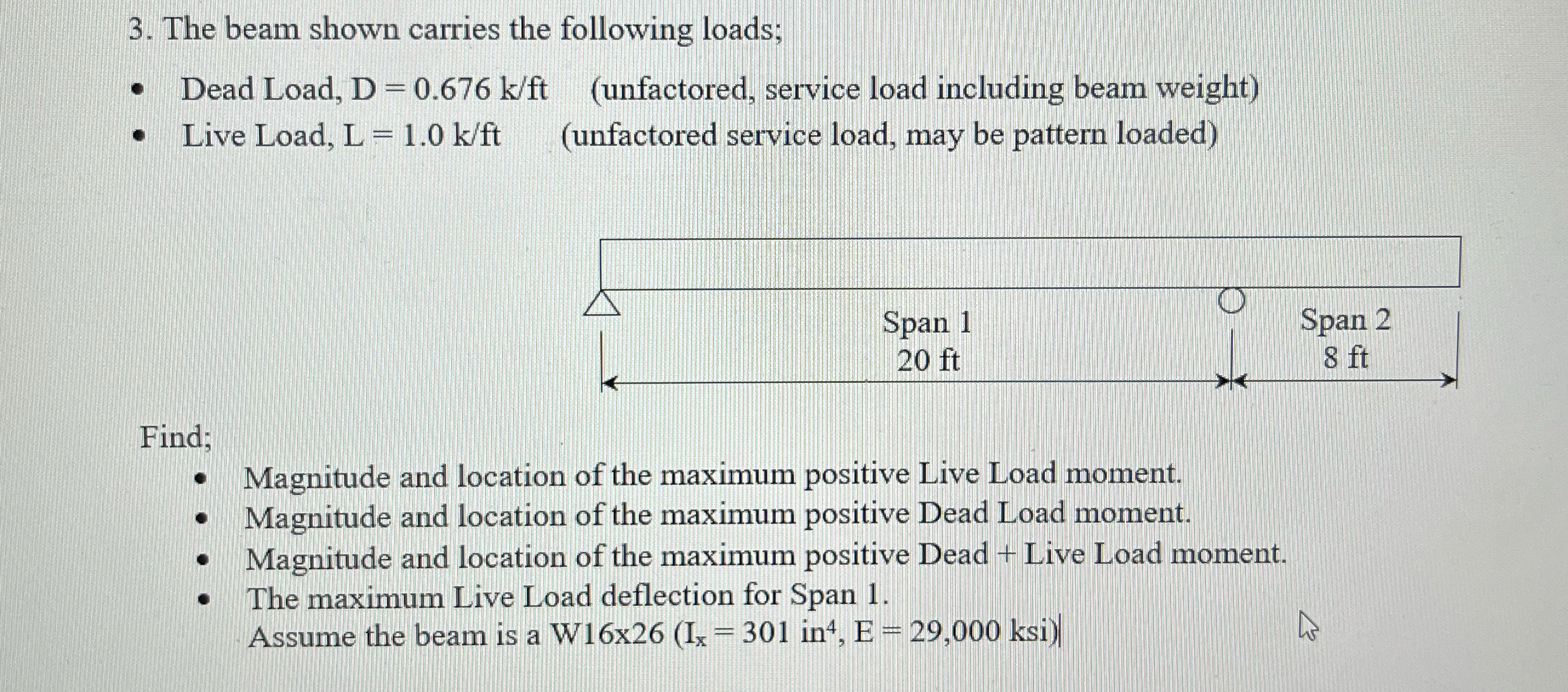 The beam shown carries the following loads; Dead