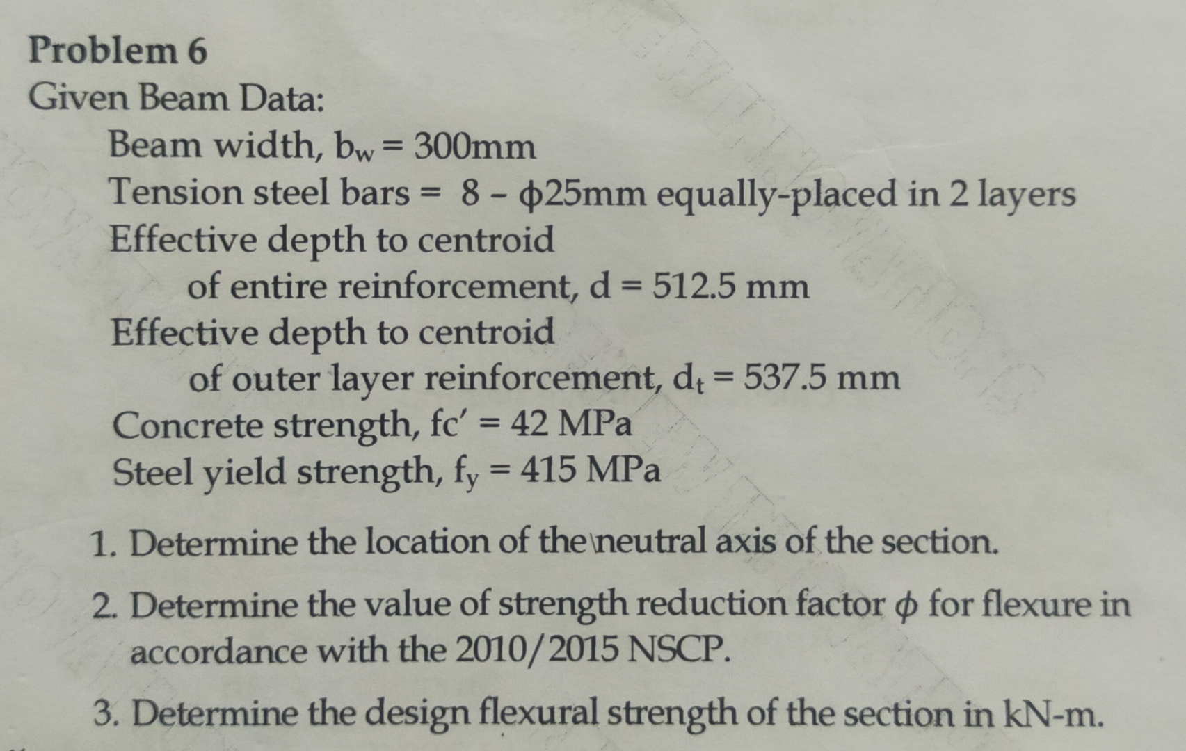 Problem 6 Given Beam Data: Beam width, b w = 3 0