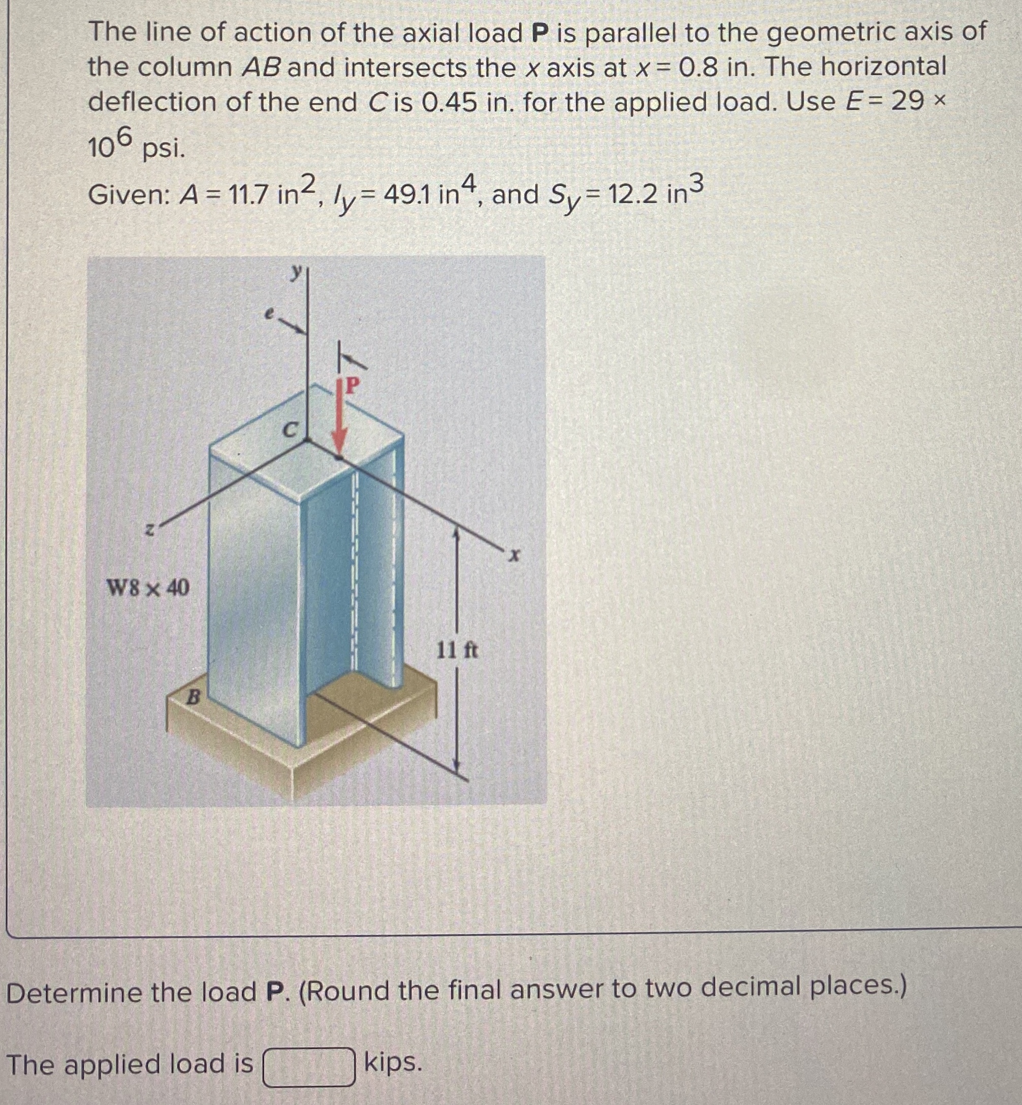 The line of action of the axial load P is