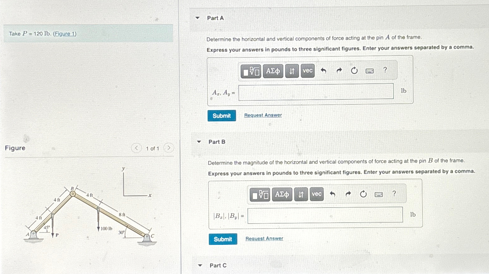 Part A Take P = 1 2 0 l b . ( Figure 1 ) Figure 1