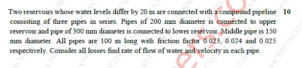 Two reservoirs whose water levels differ by 2 0 m
