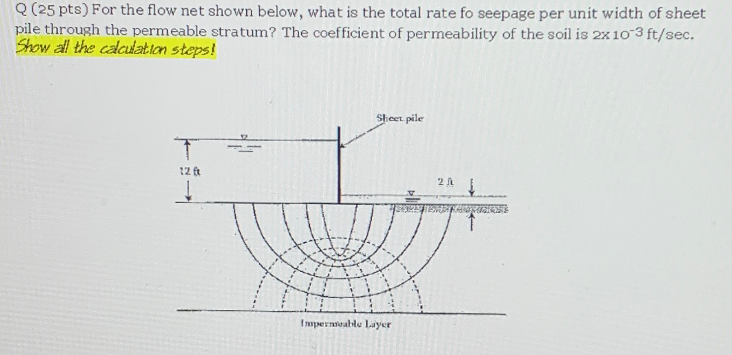 Q ( 2 5 pts ) For the flow net shown below, what