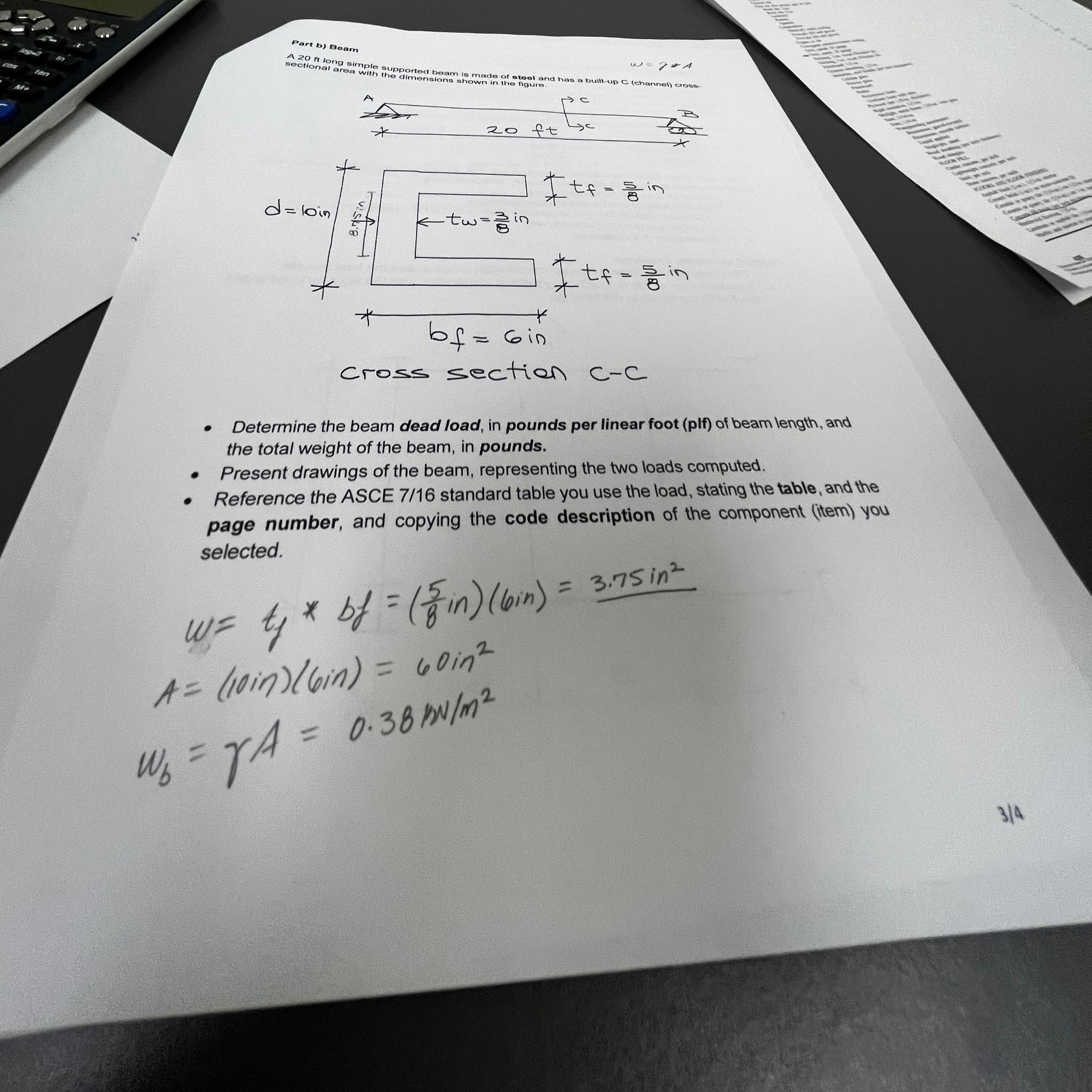 Determine the beam dead load, in pounds per